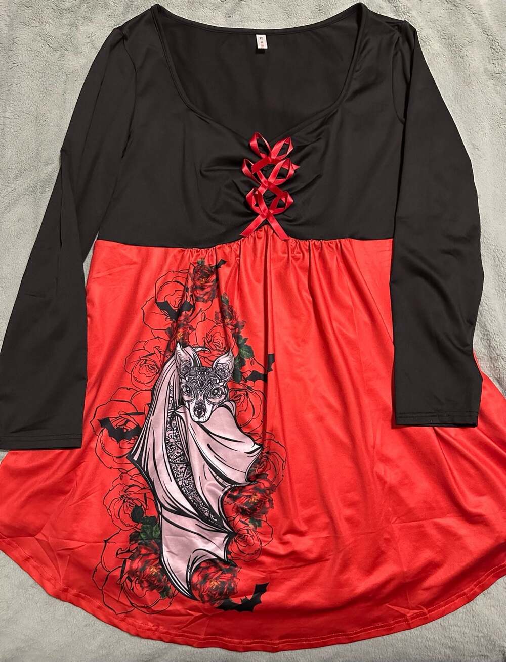 Gothic Style Bat and Rose Print Long Sleeve Corset-Lace Up Dress, 1X